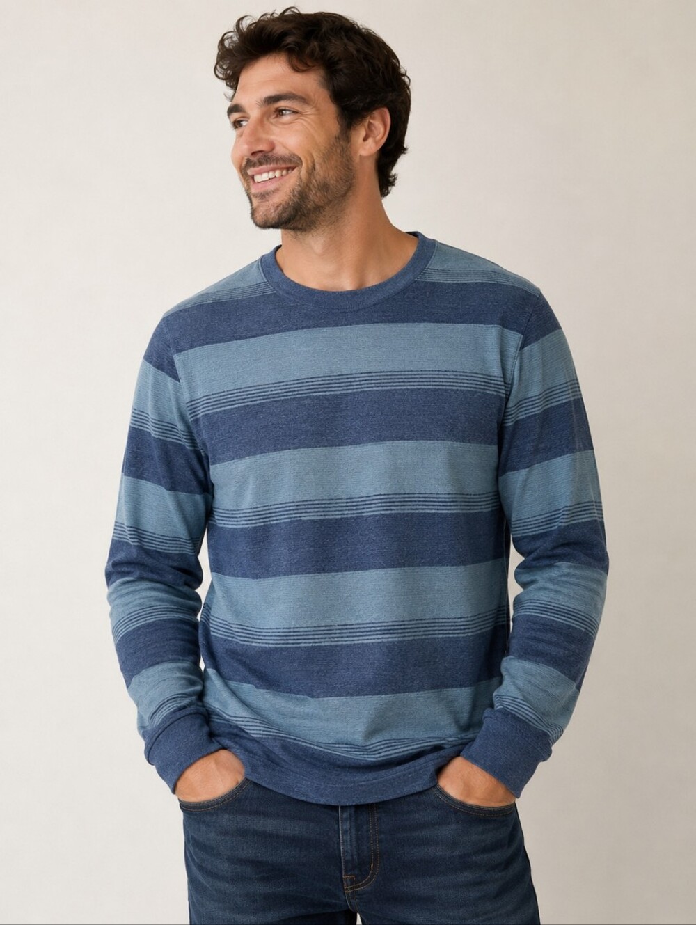 Roebuck & Co Men's XL Blue Striped Thermal Knit Long Sleeve Crew Neck Shirt